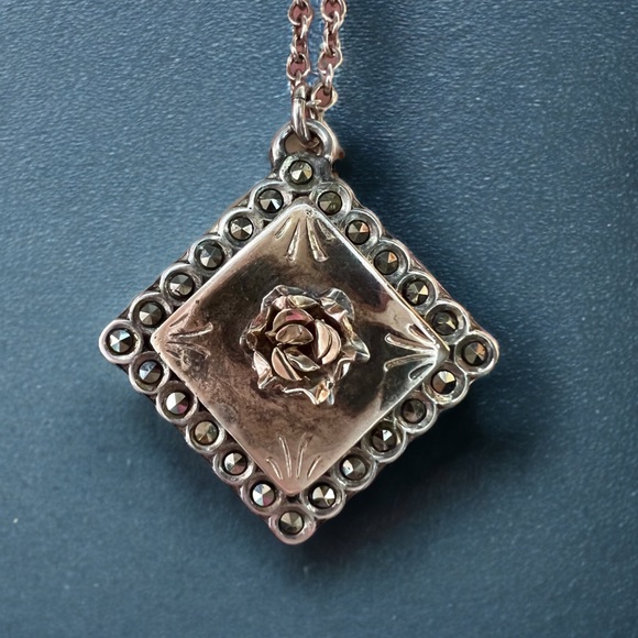 Vintage Silver Handmade 3-D Rose square pendant with Marcasite estate piece - Picture 15 of 15